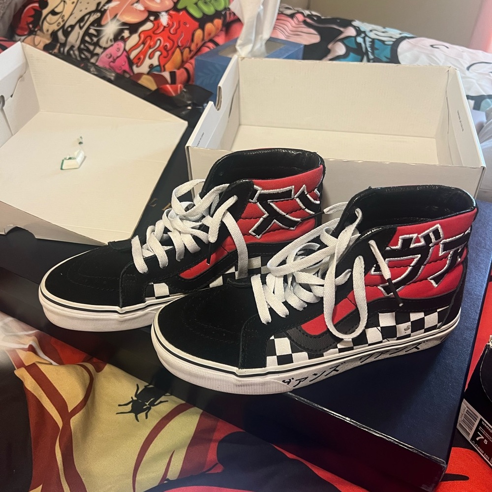 Vans Black and Red High-Top Sneakers with Waffle Sole